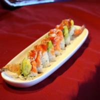 1st Roll · Shrimp tempura, cucumber, and crab meat topped with salmon, avocado, tobiko and joy special ...