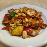 F3. Kung Pao Style · Carrot, zucchini, green bell pepper, red bell pepper, white onion and peanuts in spicy brown...