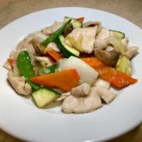 P6. Moo Goo Gai Pan · Chicken stir fried with snow peas, napa cabbage, zucchini, carrots and mushrooms in white sa...