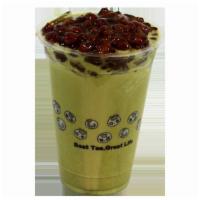 Red Bean Matcha · Japanese matcha drink served with red beans.