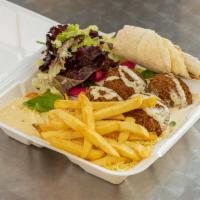 Falafel Dinner Plate · Served with pita bread, rice, tahini sauce, hummus or babaghanoush and salad or fries.