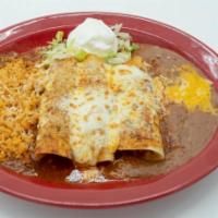 Enchiladas Coloradas · 3 soft corn tortillas of tender top sirloin chunks, enchiladas dipped in medium-hot sauce wi...