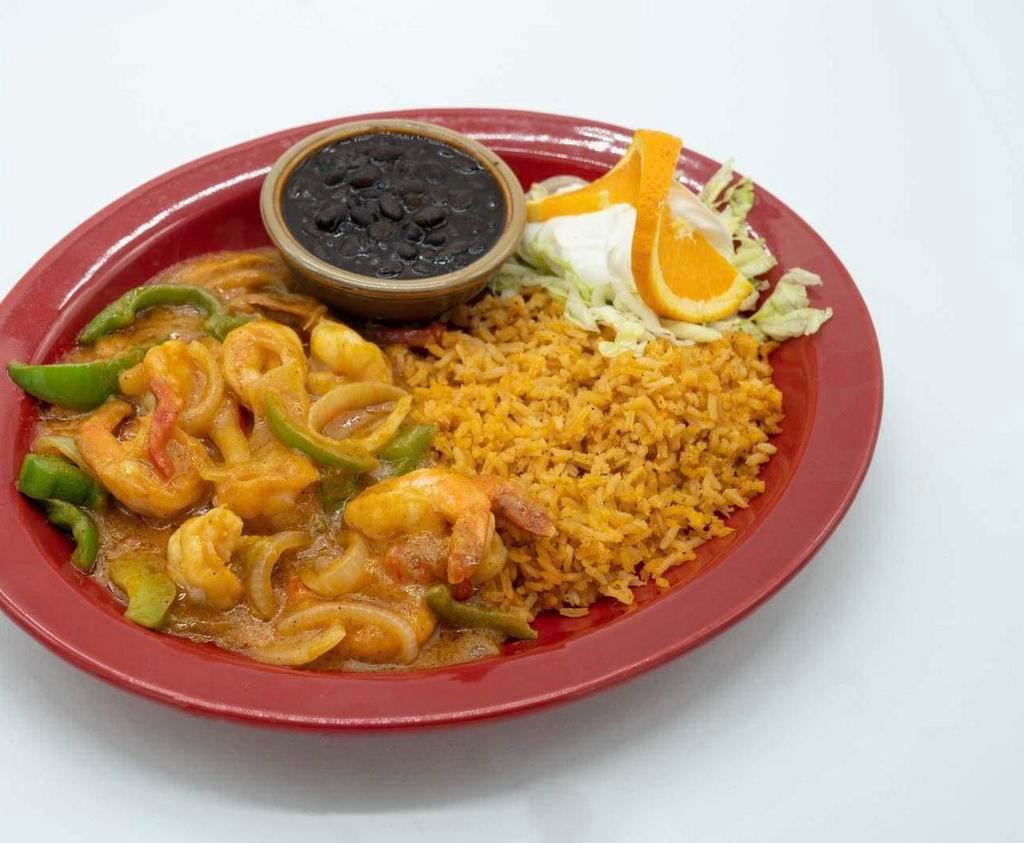 Camarones Santa Maria · Fresh prawns cooked with mushrooms, onions and mild peppers. Smothered with our very special sauce. Served with rice and pinto beans or substitute black beans.