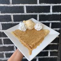 Dulce de Leche Cream Cheese Crêpe · Our homemade crepe is covered in a caramelly & creamy blend of dulce de leche and cream chee...