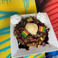 Rainbow Cookie Waffle · An Italian-treat inspired waffle topped with chocolatey, fruity pieces of Rainbow Cookies an...