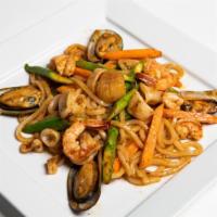 Seafood Pasta · Shrimp, jumbo scallops, calamari, mussels and udon noodles.
