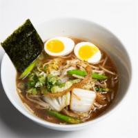 Soy Ramen Noodles · Soy-flavored broth, napa cabbage, onions, bean sprouts and asparagus.
