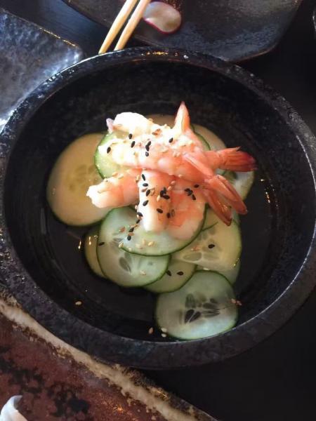 Ebi Sunomono · Cooked shrimp, cucumber salad with vinegar dressing.