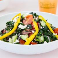 Mediterranean Salad · Black Kale / Parsley / Red Quinoa / Cucumber / Cherry Tomato / Yellow Bell Peppers / Red Oni...