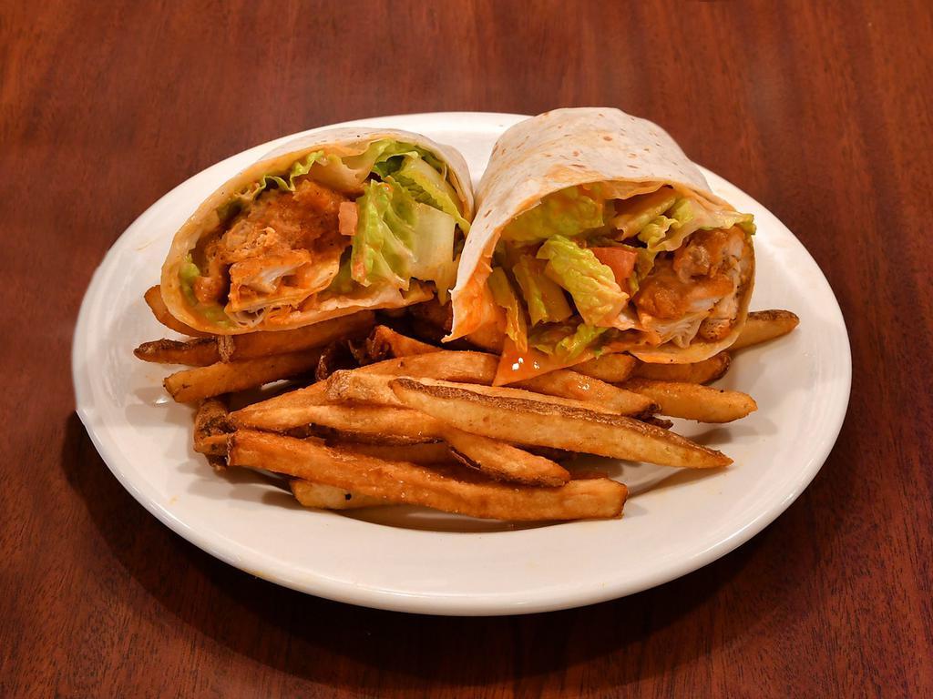 Buffalo Chicken Wrap · Chicken breast smothered in a homemade Buffalo sauce and wrapped in a flour tortilla with lettuce, tomato, and ranch.