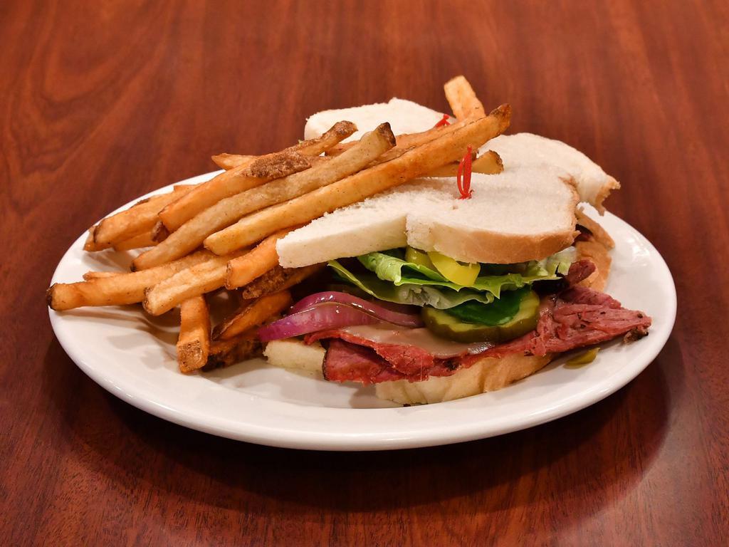 Sandwich · Served with fries.