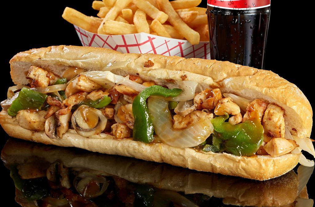 Teriyaki Chicken Sub · Golden grilled chicken strips, caramelized onions, grilled mushroom, grilled green pepper, and house-made teriyaki sauce.