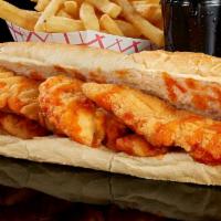 Buffalo Finger Sub · Crispy battered chicken breast with buffalo and blue cheese sauce.