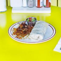 Breakfast Burritos · Choice of 1, bacon, sausage, ham, or chorizo. Includes eggs, cheese and hash browns inside