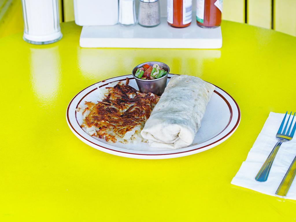 Breakfast Burritos · Choice of 1, bacon, sausage, ham, or chorizo. Includes eggs, cheese and hash browns inside