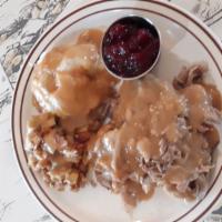 Homemade Hot Turkey Plate · Hot Turkey Plate with mashed potatoes, and gravy, and cranberry sauce ALL HOMEMADE FROM SCRA...