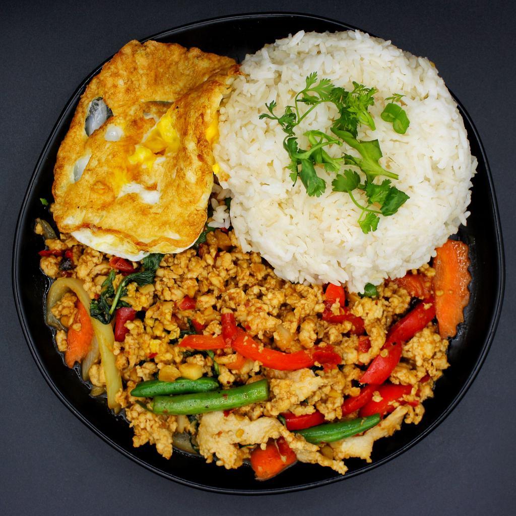 CR5. Gra Prow Gai with Fried Egg · Ground Chicken with string bean, onion, bell pepper, carrot stir fried in basil sauce over rice top with fried egg. 