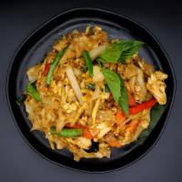 FR3. Pad Kee Mao (Drunken Noodle) · Sauteed Flat noodles with egg, fresh basil leaves, onion, carrot, bamboo and bell peppers in...