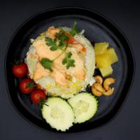 FR5. Pineapple Fried Rice · Delicious fried rice with tomatoes, scallion, pineapple and egg.*No Cashew Nut*
