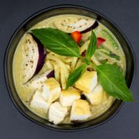 C1. Green Curry · Hot green chili paste and light sweet curry in the mix of coconut milk, eggplant, bamboo sho...