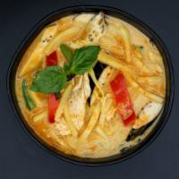 C2. Red Curry · Hot red chili paste and light sweet curry in the mix of coconut milk, eggplant, bamboo shoot...