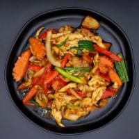 W2. Phrik Phao · Sauteed fresh and delicious blend of onion, carrot, bell pepper, scallion, pineapple, and mu...