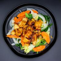 W3. Garlic and Pepper · Sauteed scallion, carrots, garlic, black pepper with Thai soup style sauce served over top o...