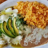 Enchiladas al Horno · Three tortillas filled with chicken, smothered in salsa verde topped with melted cheese, sou...
