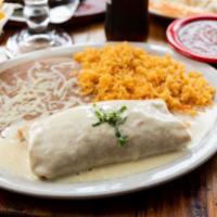 Burrito Plate · Extra large tortilla rolled with your choice of meat, cheese, rice & beans, then covered wit...