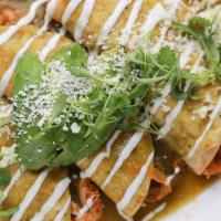  3 Chicken Enchiladas · Red or green sauce, Chicken tinga, cotija, micro cilantro. Served with cilantro lime rice an...