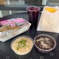 CHICKEN CHEZTACO™ COMBO · chicken cheztaco™ + tortilla chips + vegan mexican lime rice + vegan refried black beans + j...