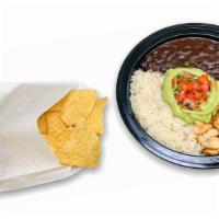 GRILLED CHICKEN BOWL · Grilled chicken served in a delicious bowl with vegan lime rice and vegan black beans,  topp...