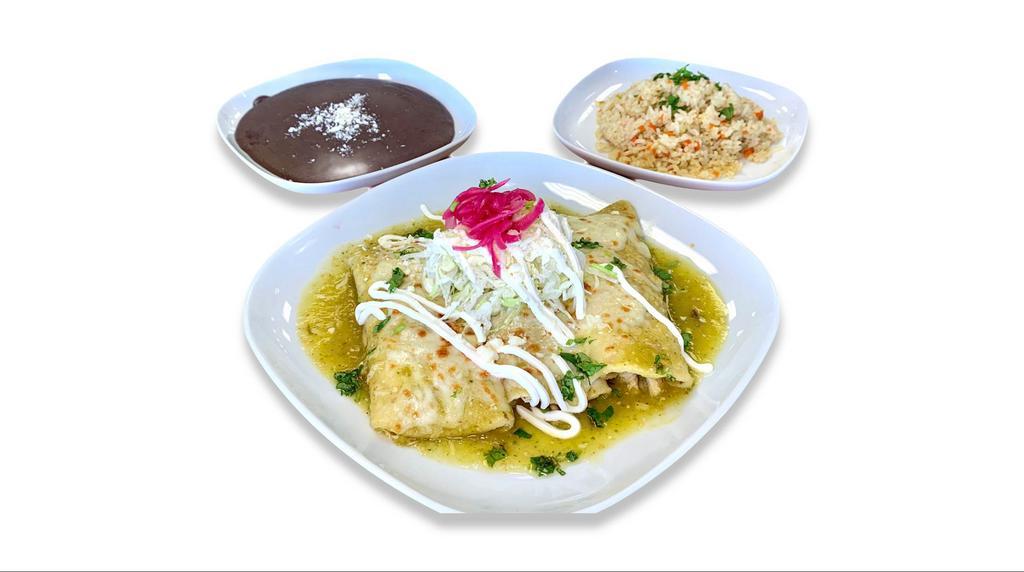 CHEESE ENCHILADAS (3) · soft corn tortillas + 4-cheese blend + melted cheese + creamy tomatillo serrano salsa + crema + sweet pickled onion + cotija cheese + cilantro served with vegan refried black beans and vegan lime rice