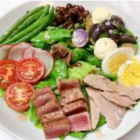 TRADITIONAL SALADE NIÇOISE · confit tuna, anchovies, olives, egg, tomatoes, haricots verts, aïoli
