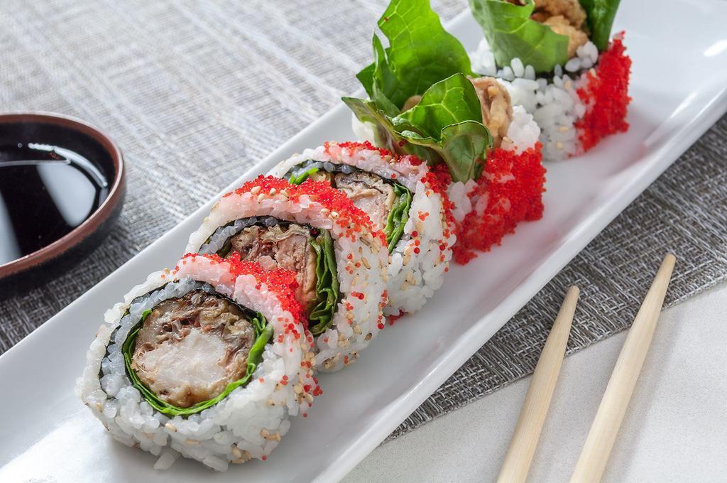 Spider Roll · Crispy soft shell crab, lettuce and caviar.