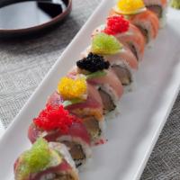 Gramercy Roll · Crunchy spicy albacore tuna and jalapeños wrapped with tuna, yellowtail and salmon, topped w...