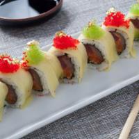 Gold Kimono Roll · Spicy red and white tuna, mango, avocado, tempura flakes, topped with gold leaf