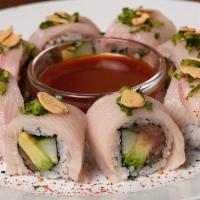 Chili Ponzu Yellowtail Roll · Spicy yellowtail mix rolled with cucumber, avocado, jalapeños and cilantro; topped with yell...