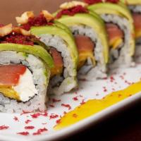 Crazy Monkey Roll  · Smoked salmon, mango and cream cheese rolled and topped with avocado, red tempura bits and s...