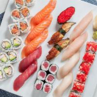 Sushi for 2 · 2 tuna, 2 yellowtail, 3 salmon, 2 eel, 2 albacore tuna, tobiko, California roll, yellowtail ...