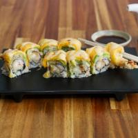 8 Piece Masake Roll · Tempura shrimp with crab, scallion and mango topped with avocado. 