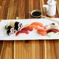 Sushi Sashimi Combo · Five pieces of sushi, ten pieces of sashimi and one California roll. Served with soup or sal...