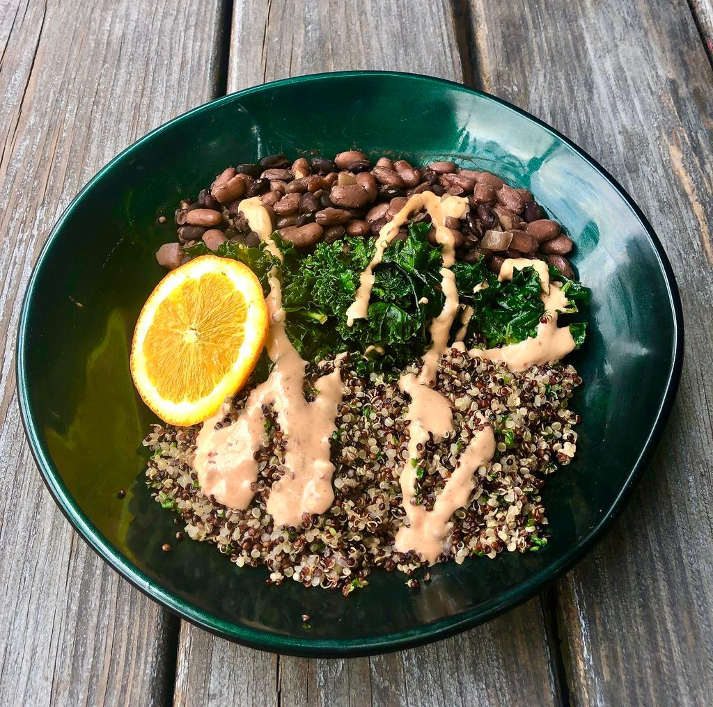 Monk's Bowl · Gluten free ingredients. Simple bowl. Bold taste. Whole beans, quinoa tabouli, and kale salad topped with our homemade chipotle mayo.