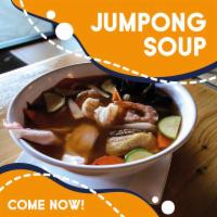 Jumpong Soup · Zucchini, carrots, onion, fatty pork belly, mussels, shrimp, octopus and udon noodles.