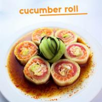Cucumber Roll · Avocado, cream cheese, masago, shrimp, crab, and octopus. Wrapped in cucumber.