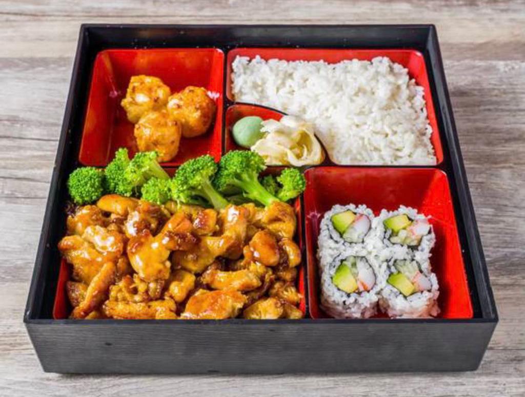 Chicken Bento Box · Served with steamed rice, California roll four pieces, and shrimp dumplings 3 pieces.