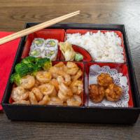 Shrimp Bento Box with Mushroom · Served with steamed rice, California roll four pieces, and shrimp dumplings 3 pieces.