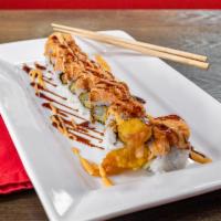 Church Special Roll · Shrimp tempura, cucumber inside, and top with spicy crunchy Kani with special sauce.