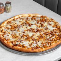BBQ Chicken Pie · Mozzarella base, chunks of chicken, topped off with BBQ sauce.