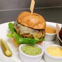 Turkey Burger · Lettuce, tomato, guacamole, aioli, brioche bun. Add Jack or Gruyere cheese $2. Comes with a ...